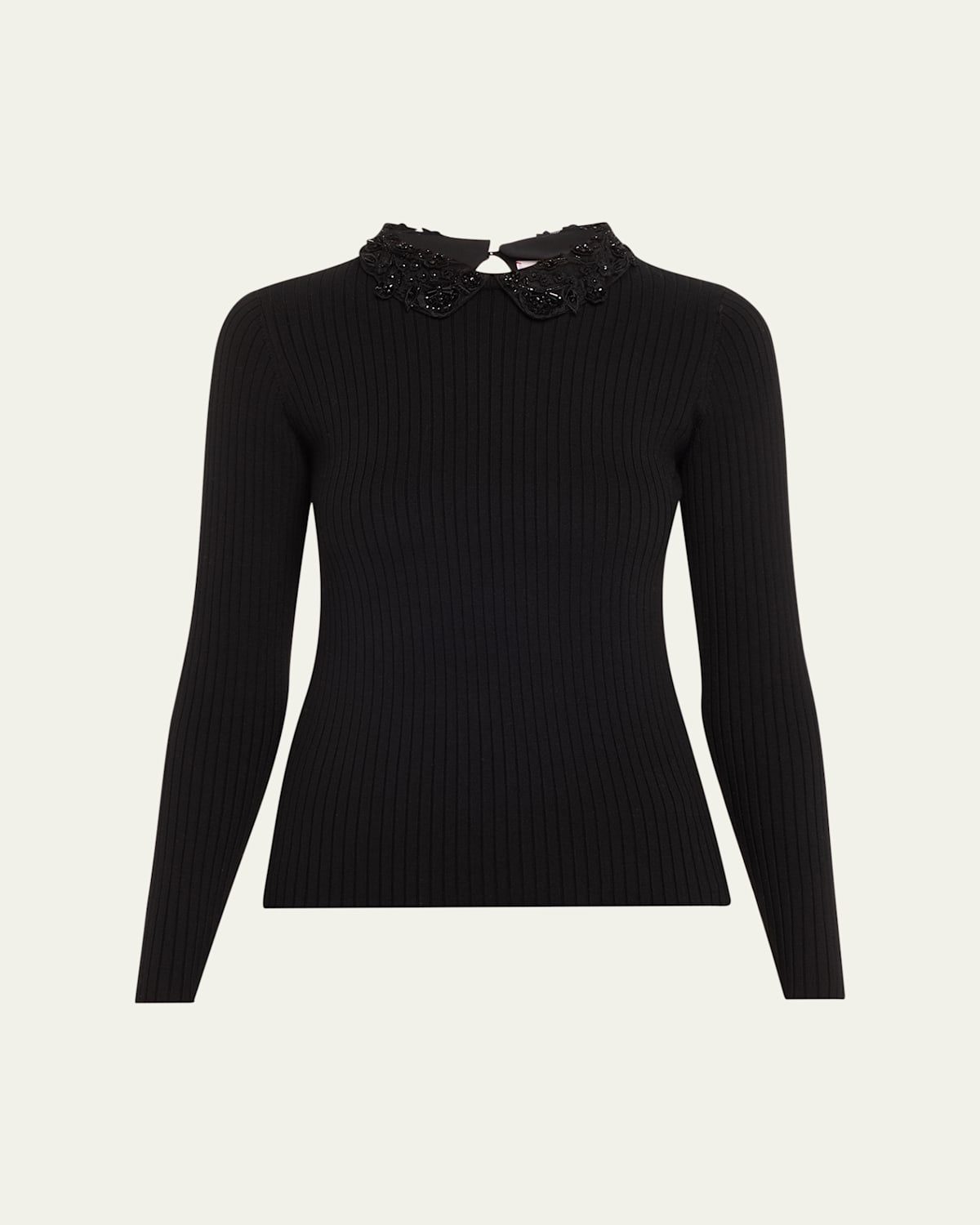 Carolina Herrera Removable Lace Collar Long-sleeve Rib Sweater In Black