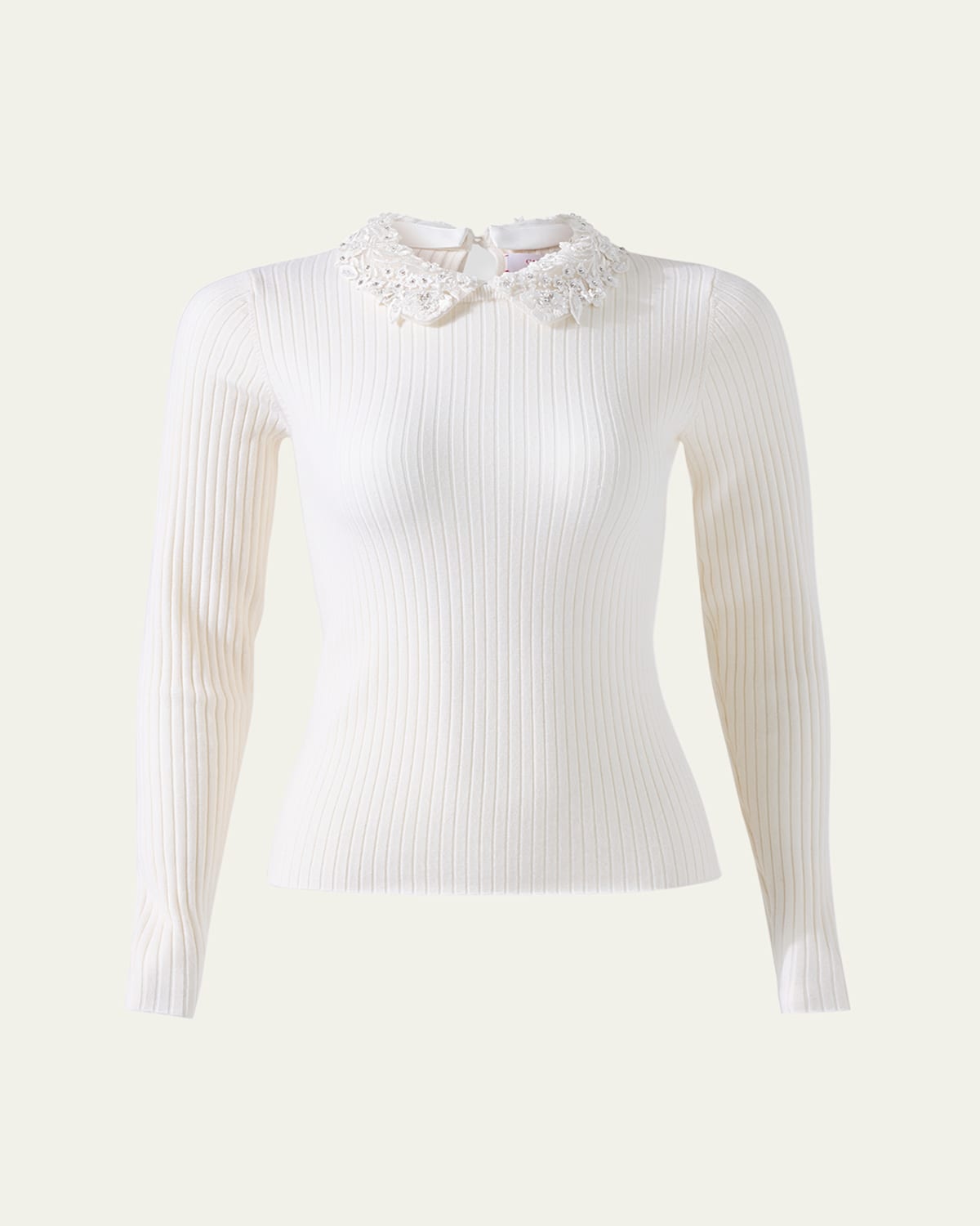 Carolina Herrera Removable Lace Collar Long-sleeve Rib Sweater In Ivory