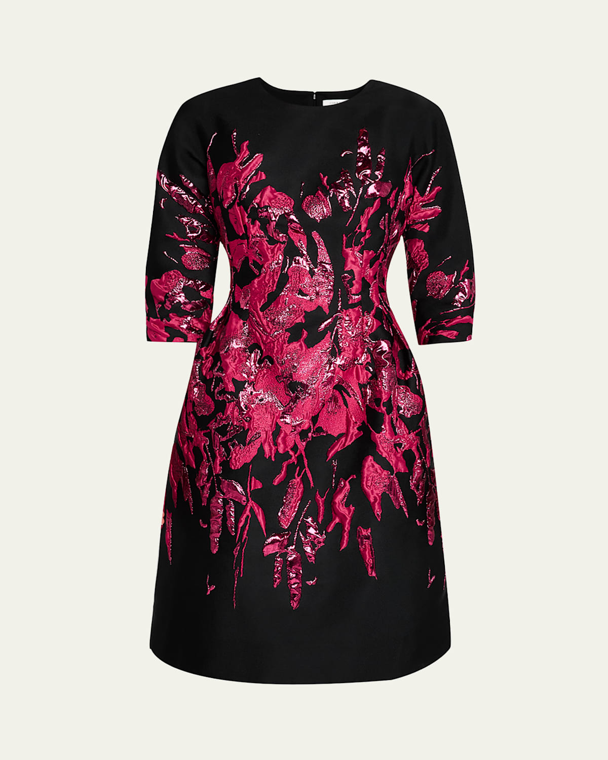 3/4-Sleeve Border Metallic Jacquard Dress