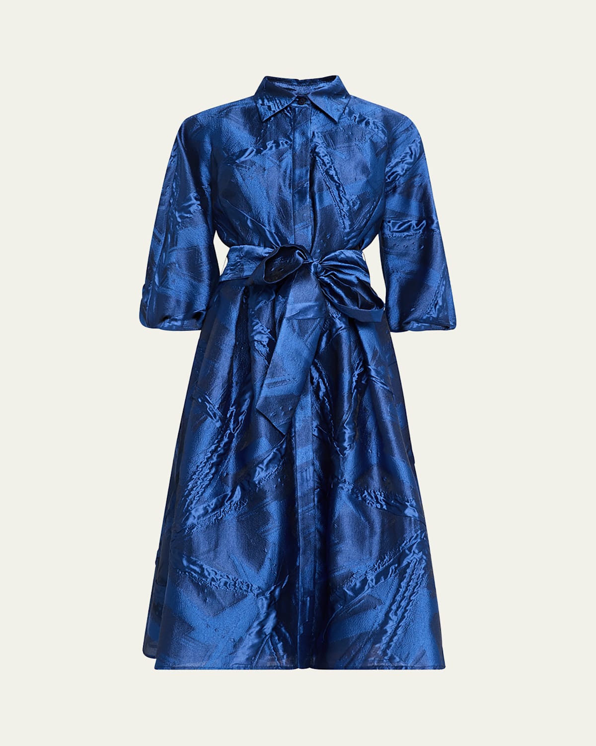 Blouson-Sleeve Jacquard Midi Shirtdress