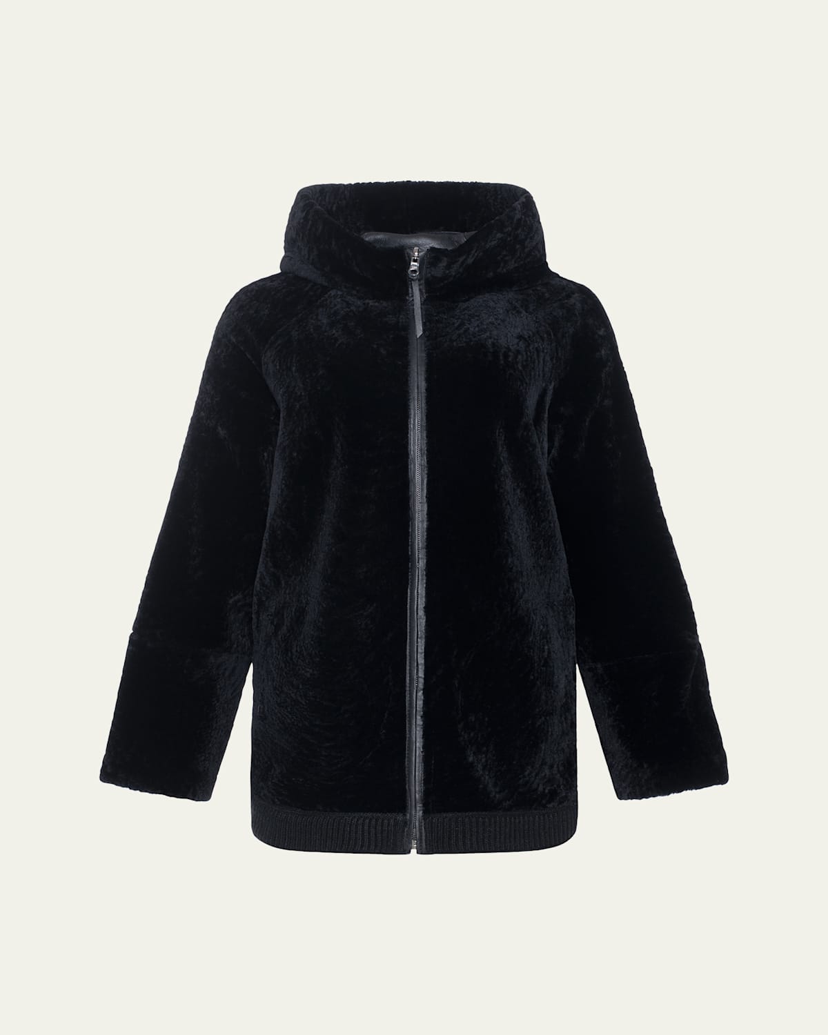 Reversible Textured Shearling Lamb Zip Hooded Jacket