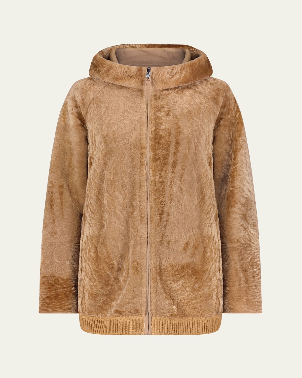 Reversible Textured Shearling Lamb Zip Hooded Jacket