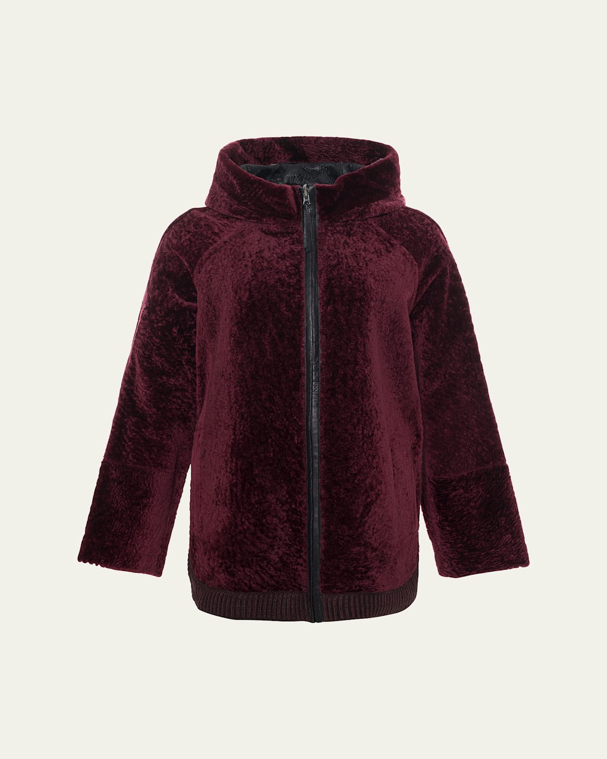 Reversible Textured Shearling Lamb Zip Hooded Jacket