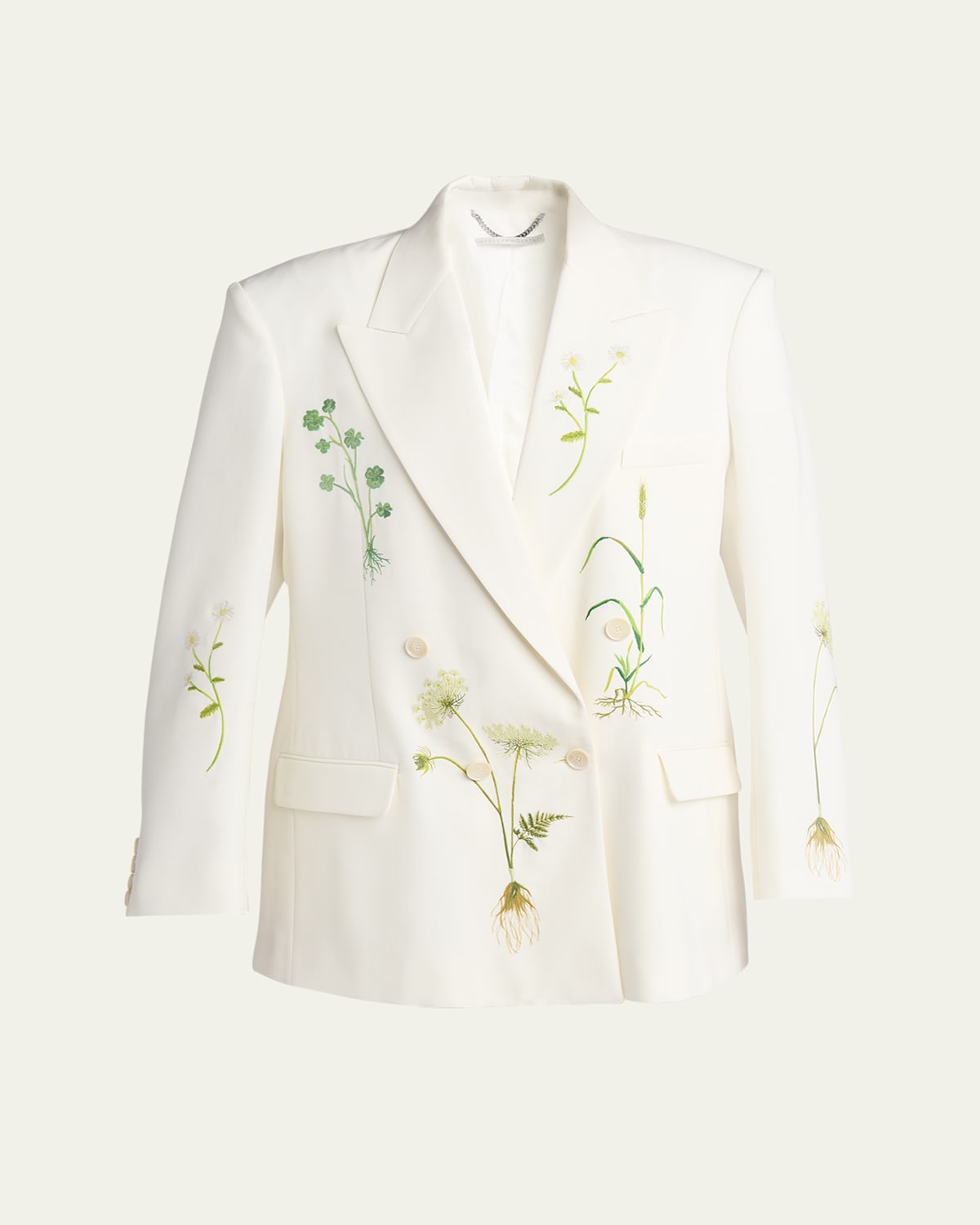 Stella Mccartney Floral Embroidered Oversized Double Breasted Wool Blazer In Cream