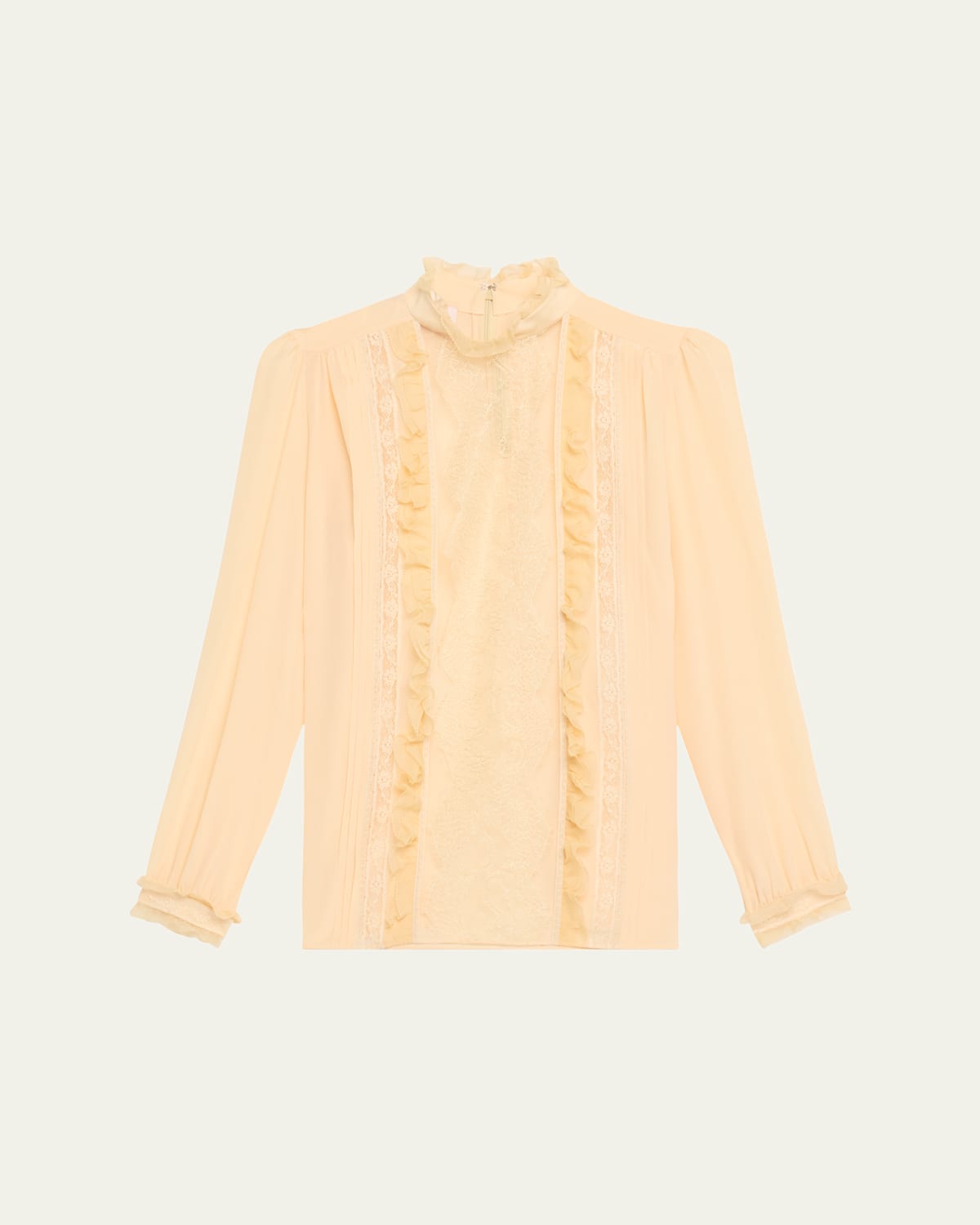 Valentino Ruffled Pintucked Lace-trimmed Silk Crepe De Chine Blouse In Nude