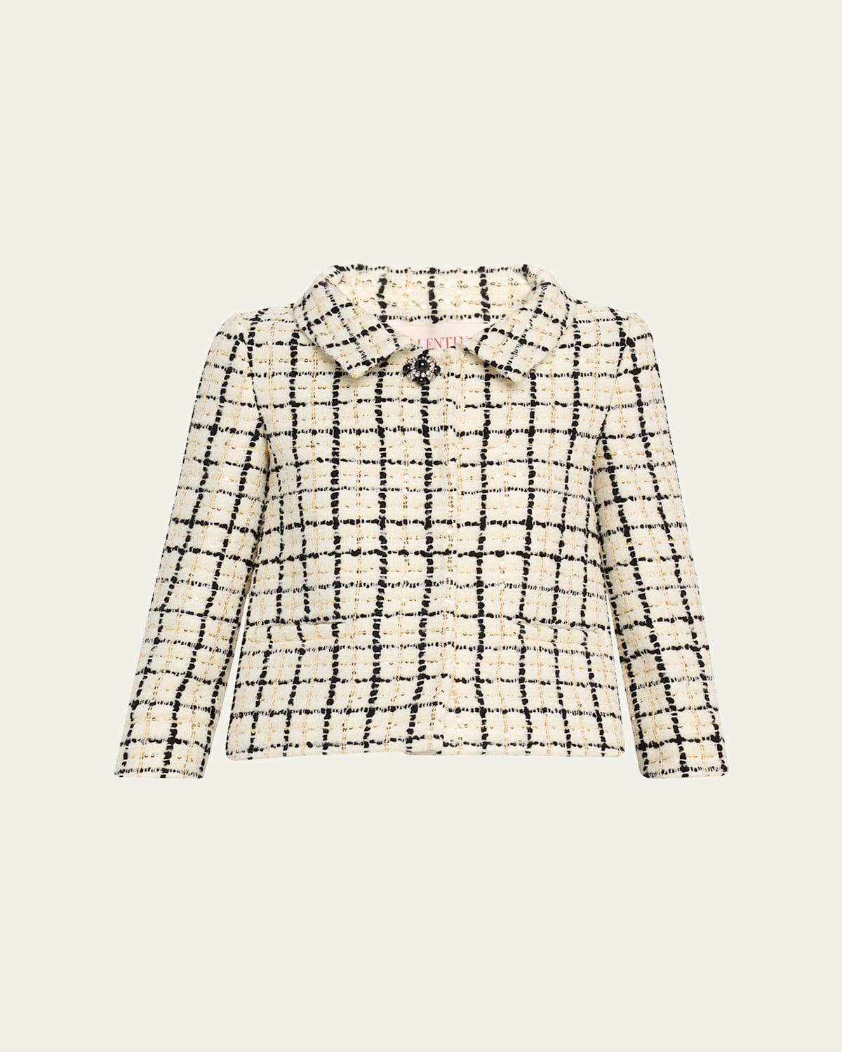 Valentino Check Three-quarter Sleeve Tweed Jacket In Ivory Black