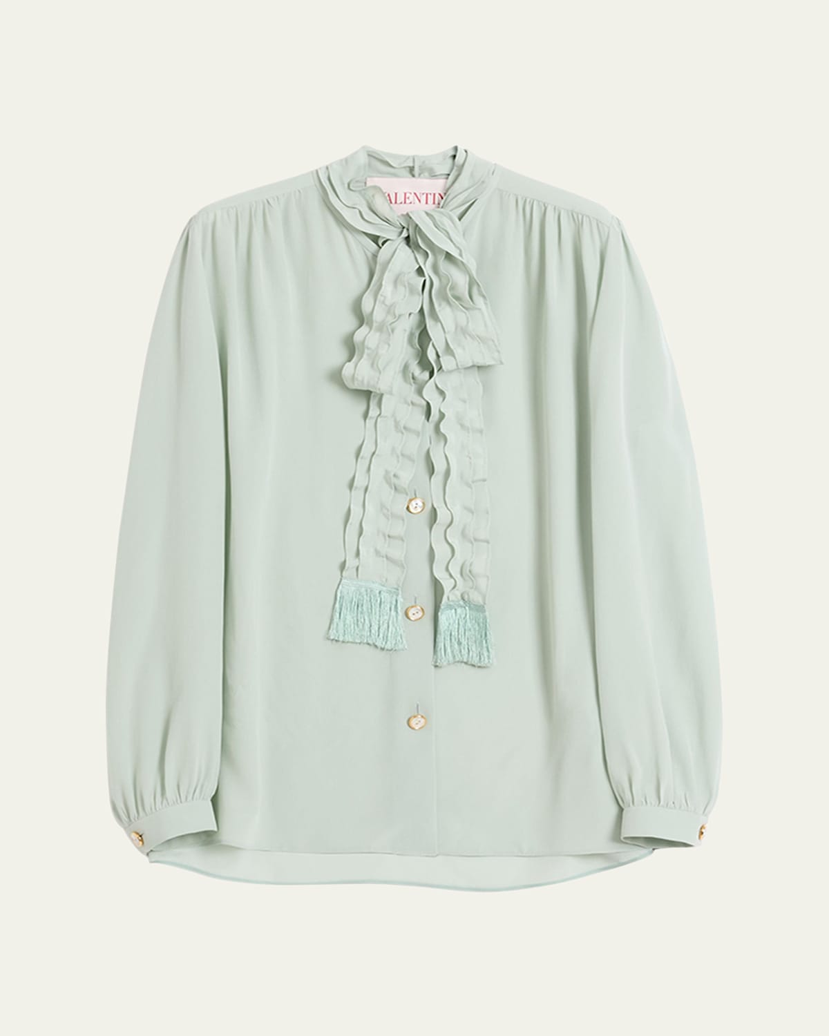 Valentino Crepe Shirt With High Neck And Ruffled Neckline In Sage