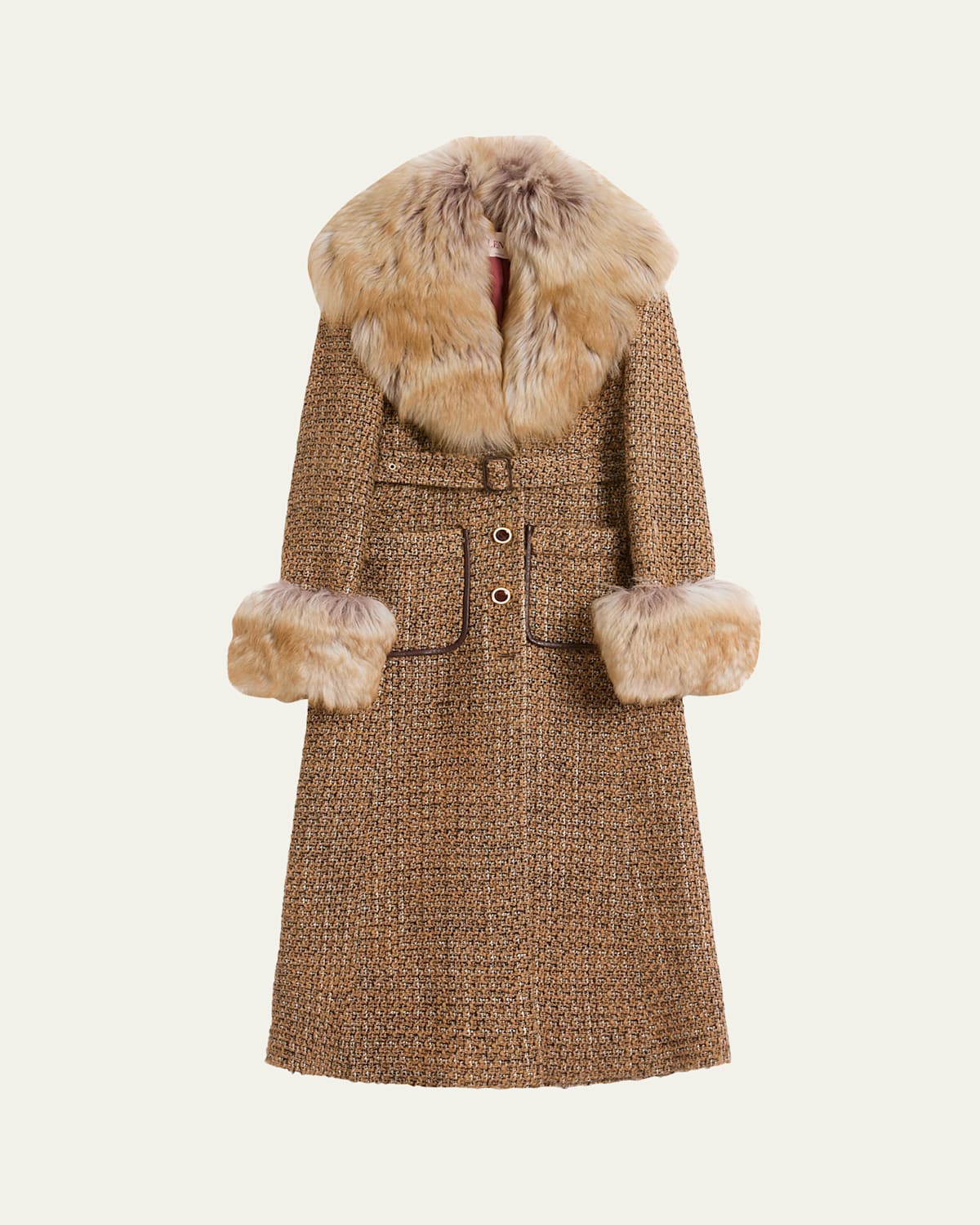 Valentino Faux Fur-trim Tweed Coat In Brown Multi