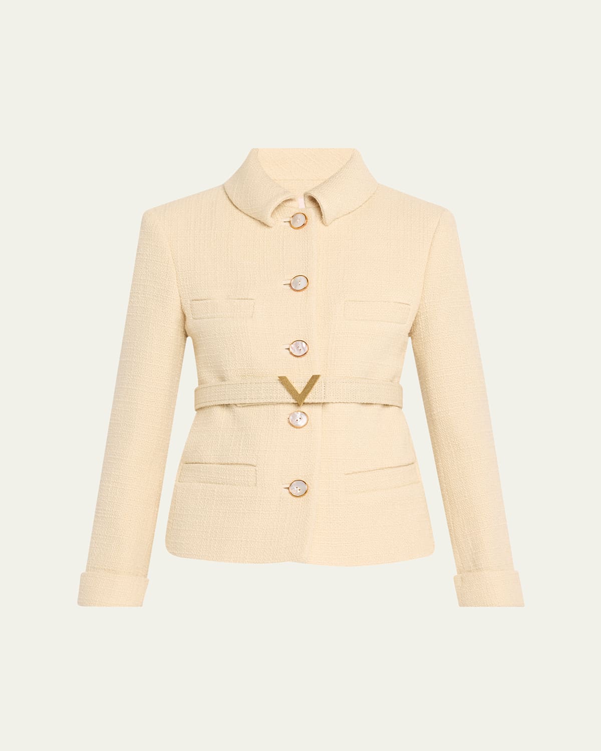 Valentino Wool Blazer With Leather Belt And V Gold Buckle In Almond