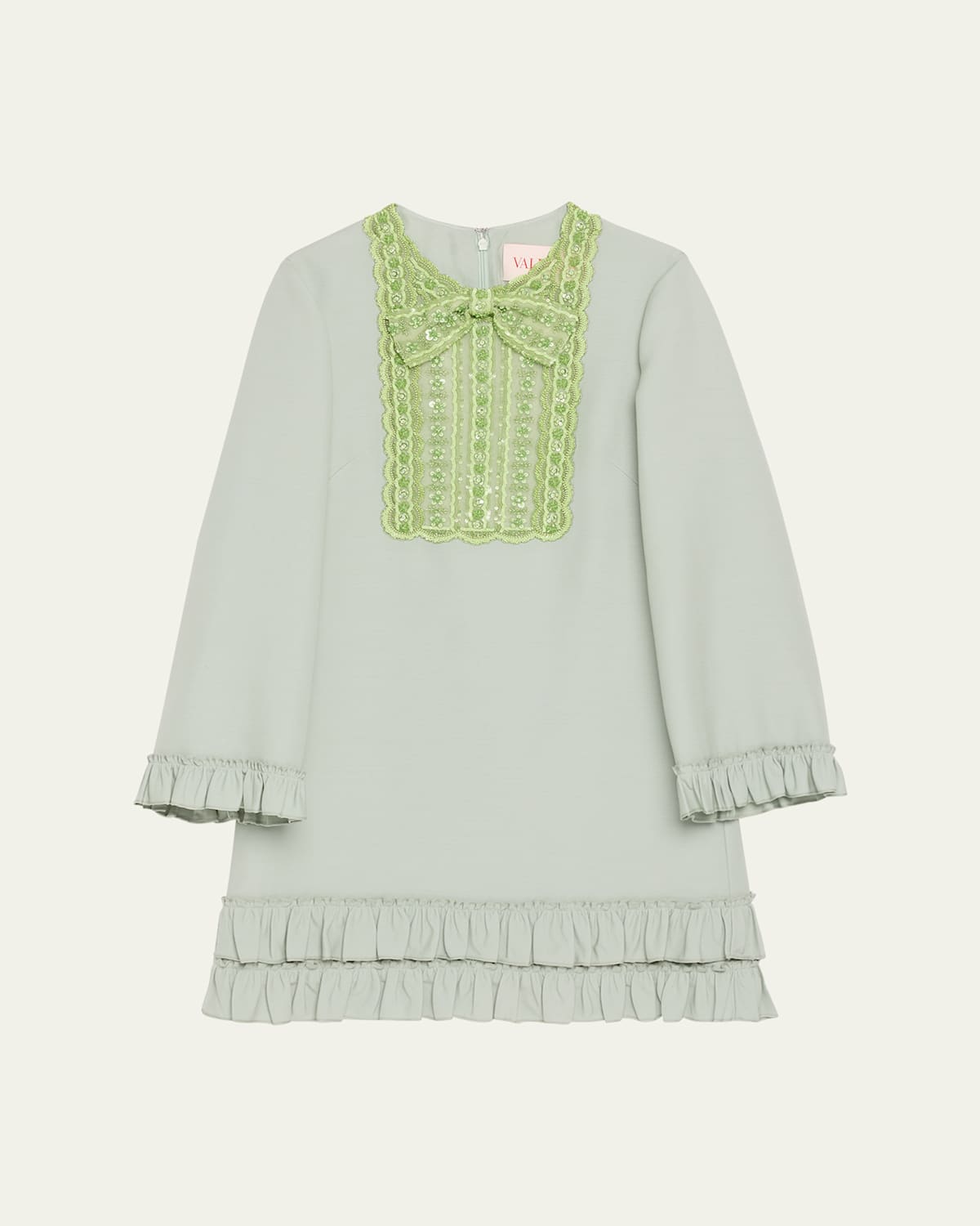 VALENTINO LACE BEAD SEQUINED BOW RUFFLED HEM MINI DRESS 