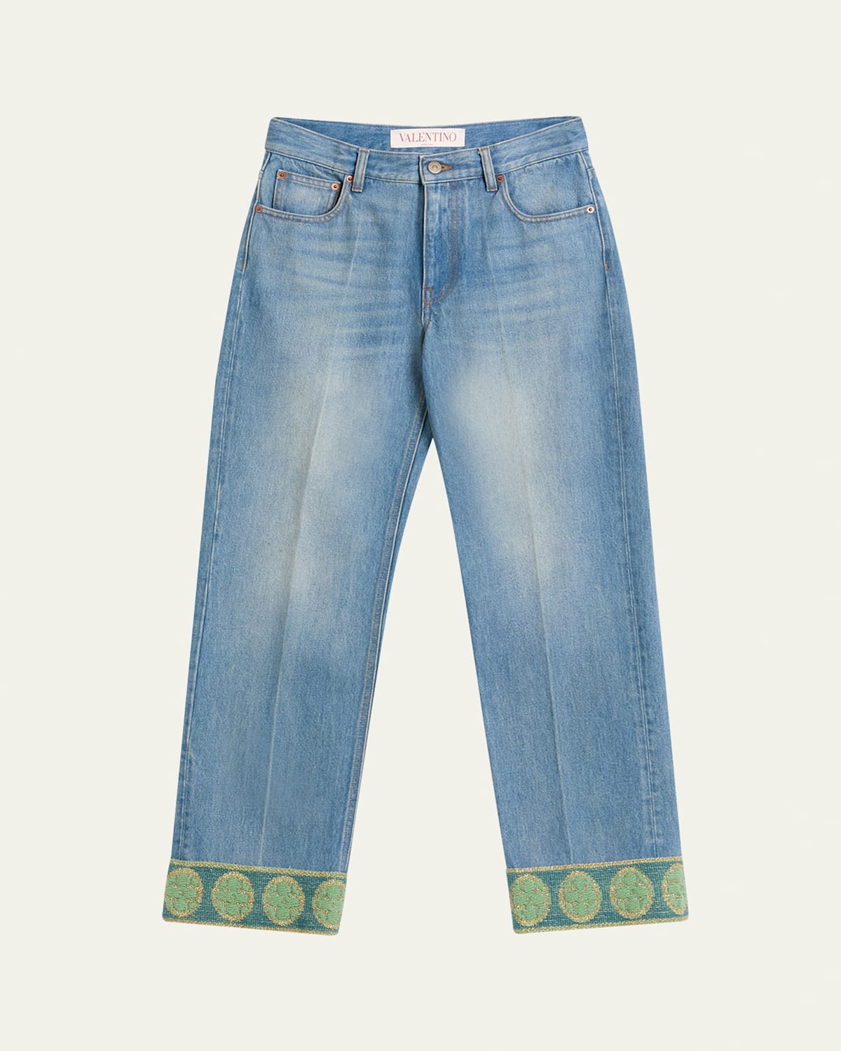 Shop Valentino Embroidered Cuff Denim Pants