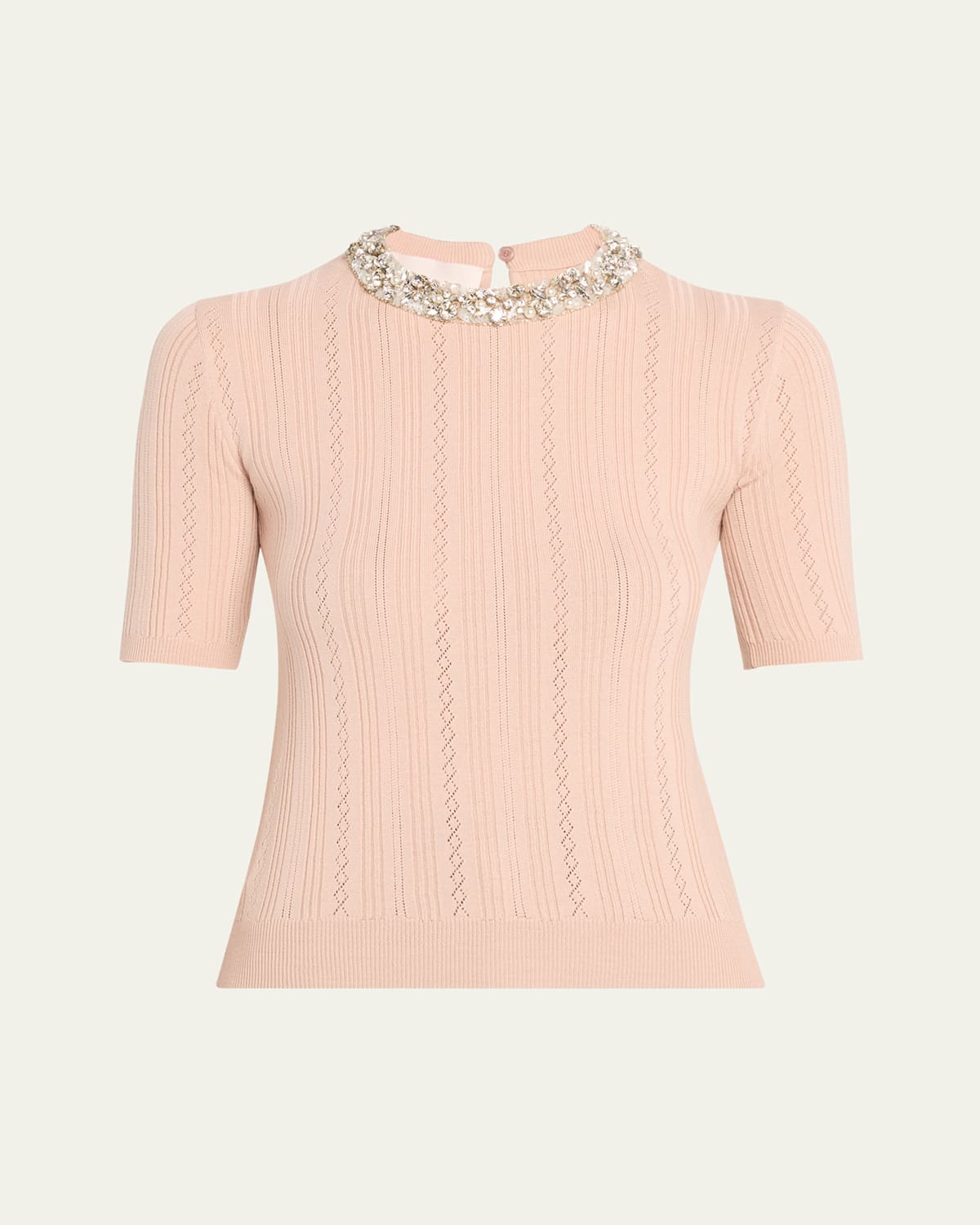 Valentino Beige Vertical Striped Slim Fit Short Sleeve Sweater In Nude