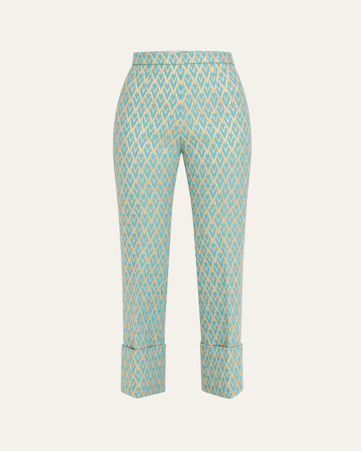 Valentino Metallic Printed Cuffed Hem Wool Trousers In Blue Gold