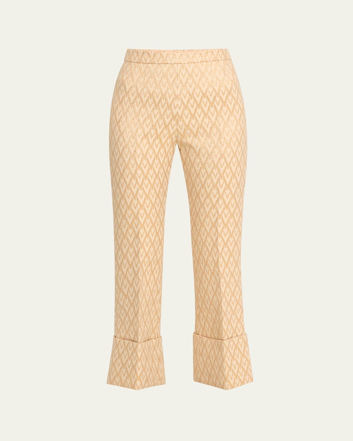 Valentino Metallic Printed Cuffed Hem Wool Trousers In Gold