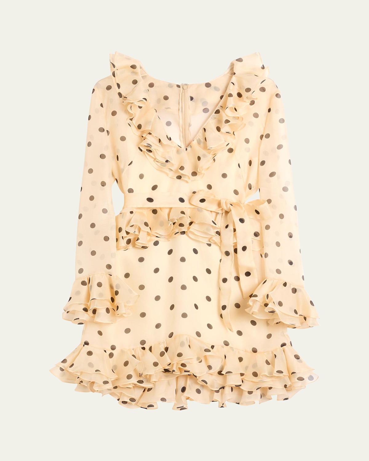Valentino Belted Ruffled Polka-dot Wool And Silk-blend Mini Dress In Ivory Black