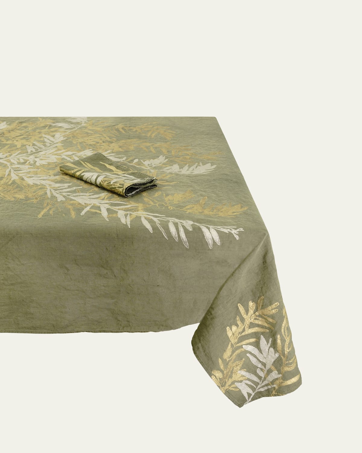 Leccino on Green Painted Linen Tablecloth, 57" x 98"
