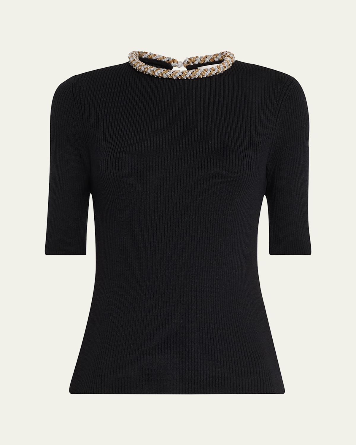 Embellished Elbow-Sleeve Rib Knit Sweater