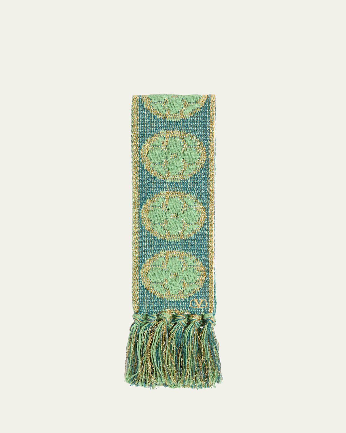 Valentino Metallic Antibes Cotton Fringe Scarf In Verde Acqua