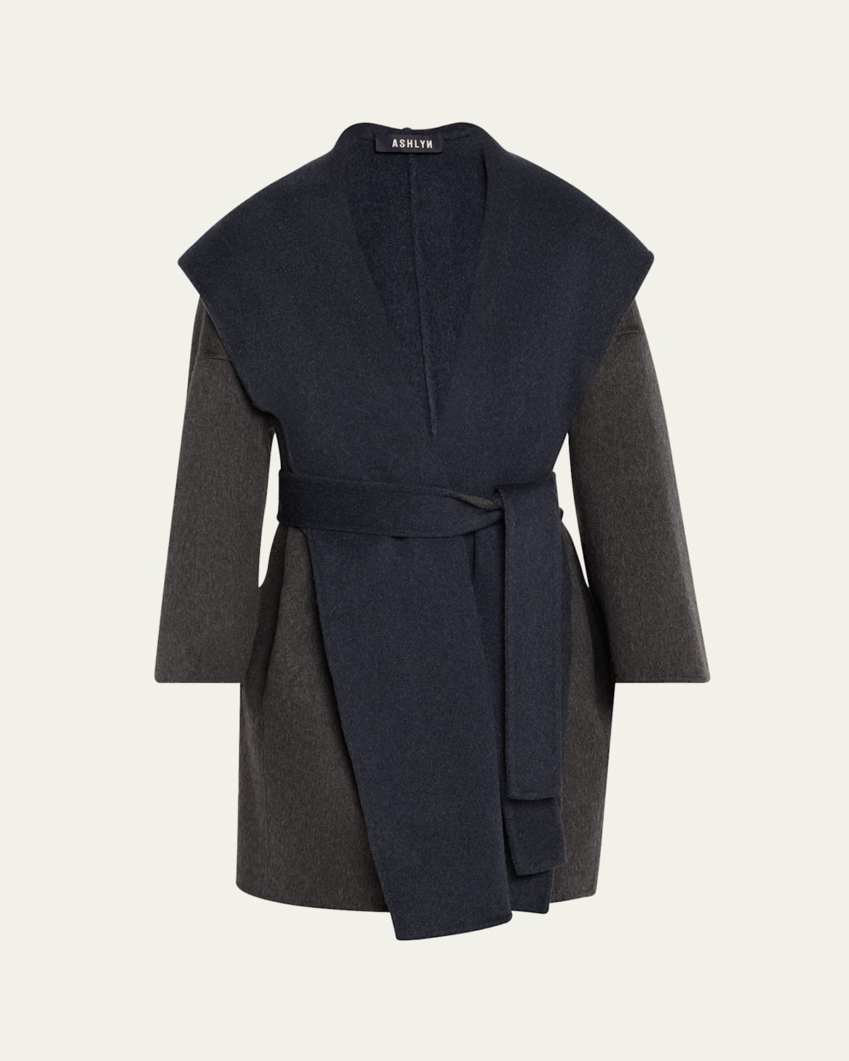 Alvin Two-Tone Hooded Cashmere Coat with Belt