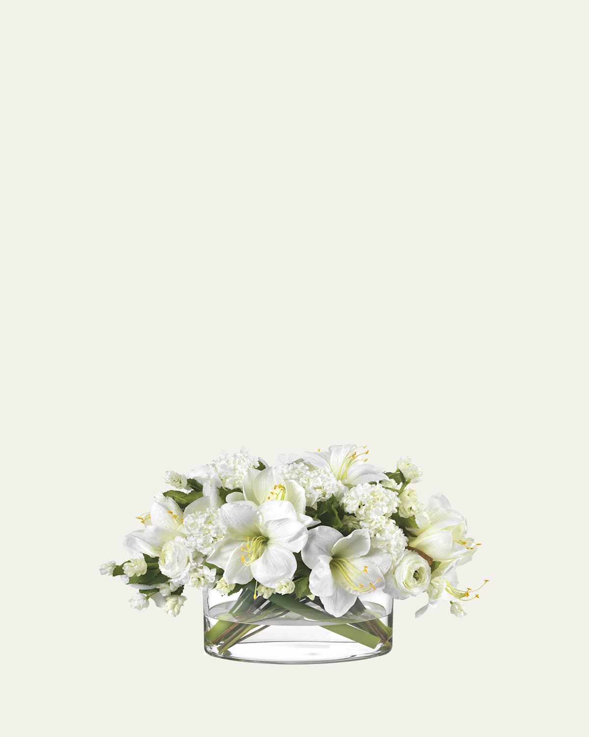White Amaryllis, Ranunculus, and Hops 21" Faux Floral Arrangement in Oval Glass Vase
