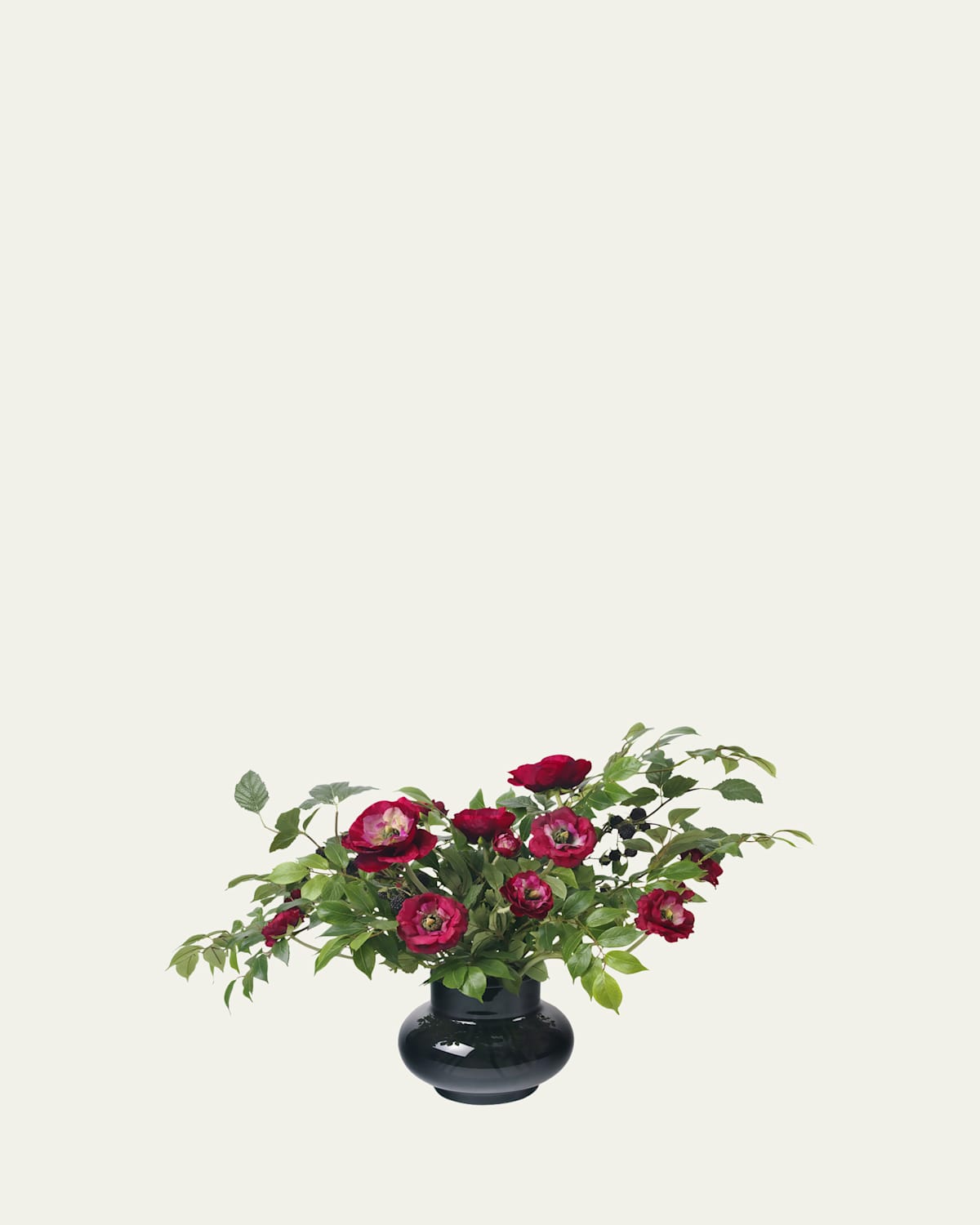 Diane James Blackberry Branches, Ranunculus, And Leaves 24" Faux Floral Arrangement In Black Glass Vase