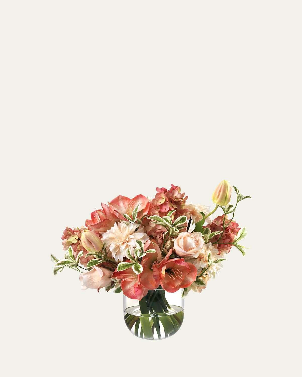 Salmon Amaryllis and Hydrangeas 17" Faux Floral Arrangement in Glass Vase