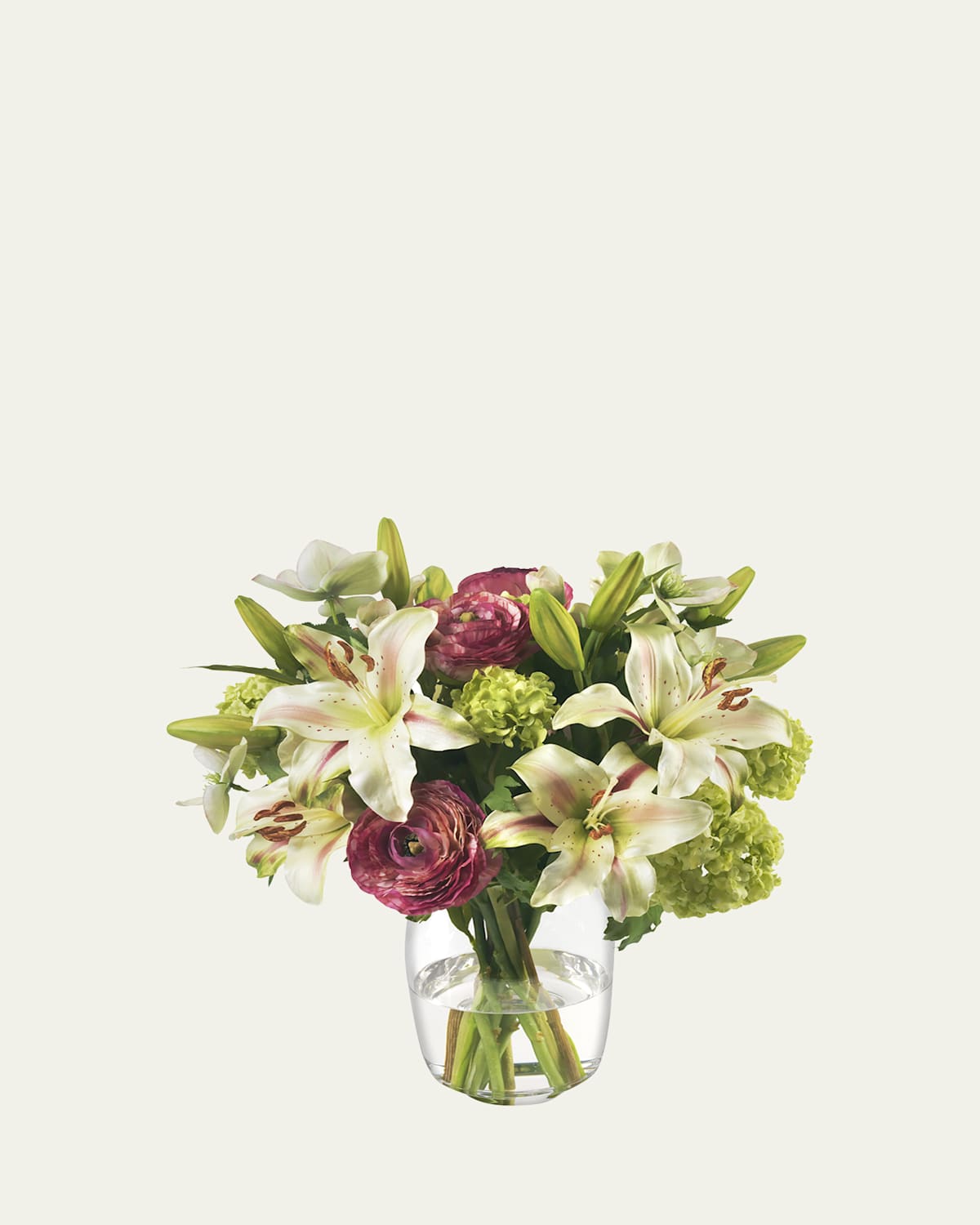 Lilies, Ranunculus, and Snowballs 16" Faux Floral Arrangement in Glass Vase