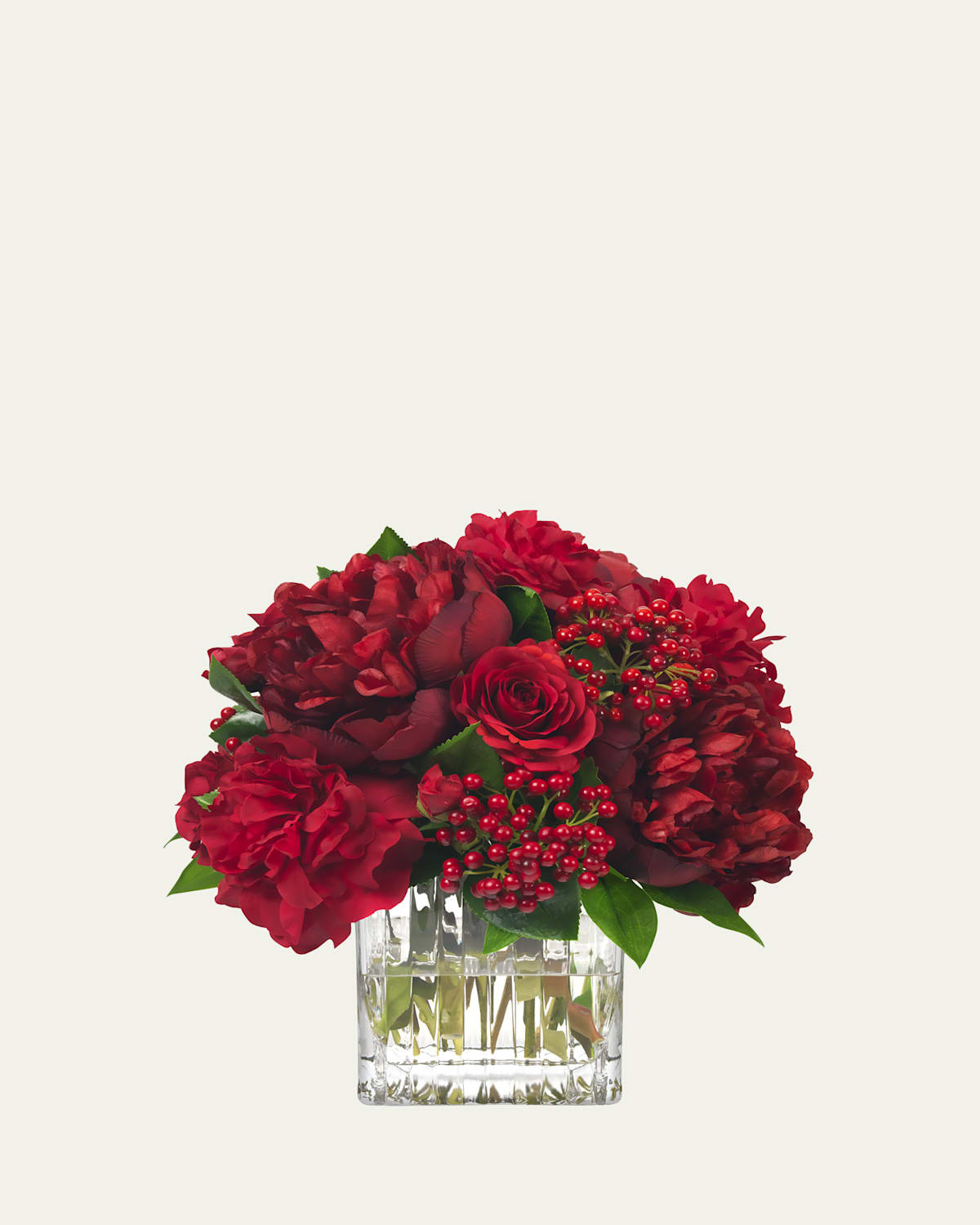 DIANE JAMES RED PEONIES, ROSES, AND BERRIES 12" FAUX FLORAL ARRANGEMENT IN GLASS CUBE 
