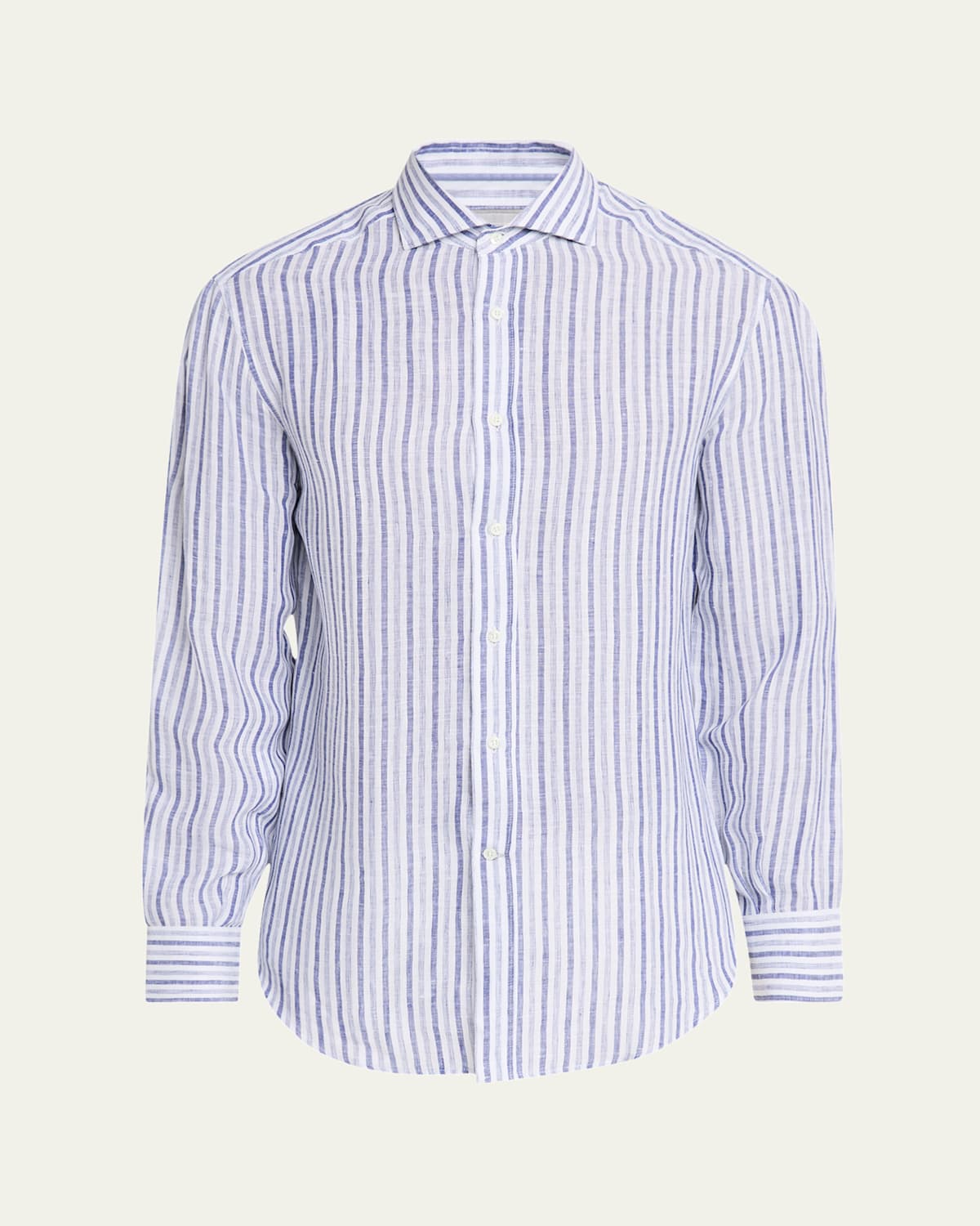 Brunello Cucinelli Men's Linen Multi-stripe Sport Shirt In Denim And White