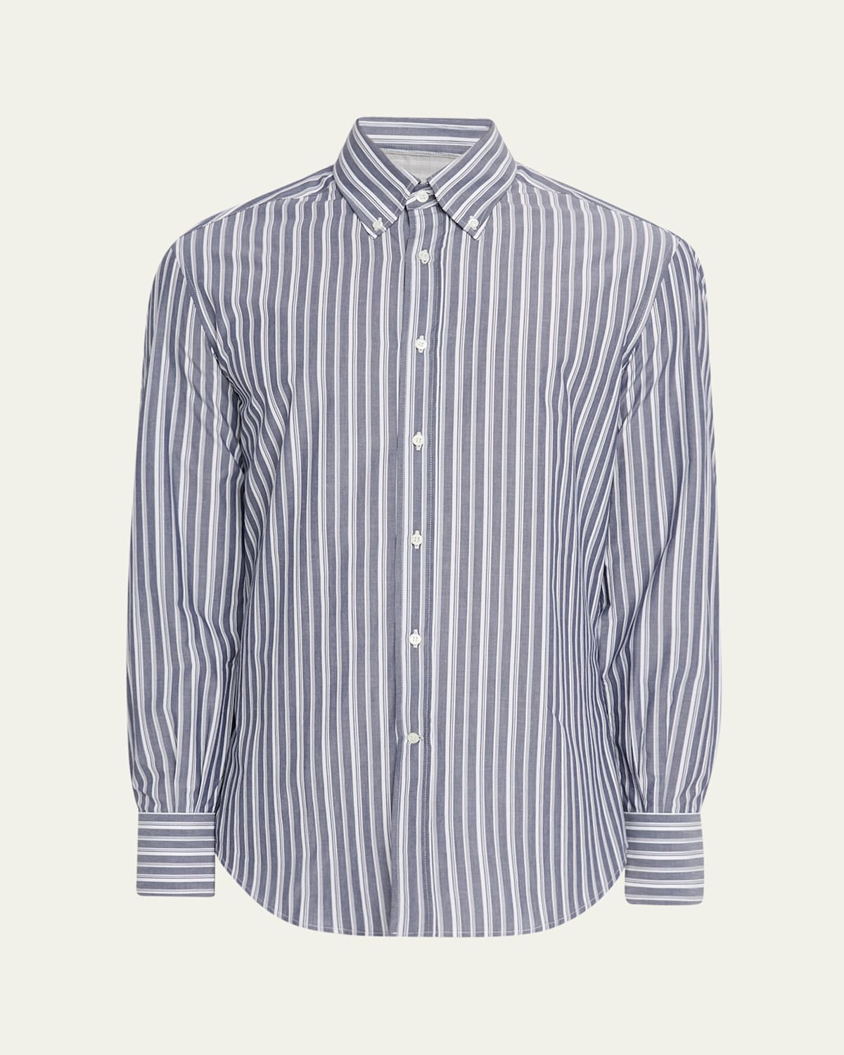 Brunello Cucinelli Striped Cotton Shirt With Button-down Collar In Denim/panama