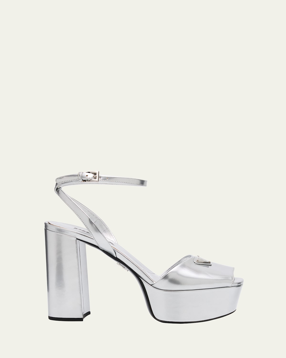 Prada Women's Metallic Leather Platform Logo Sandals In Argento