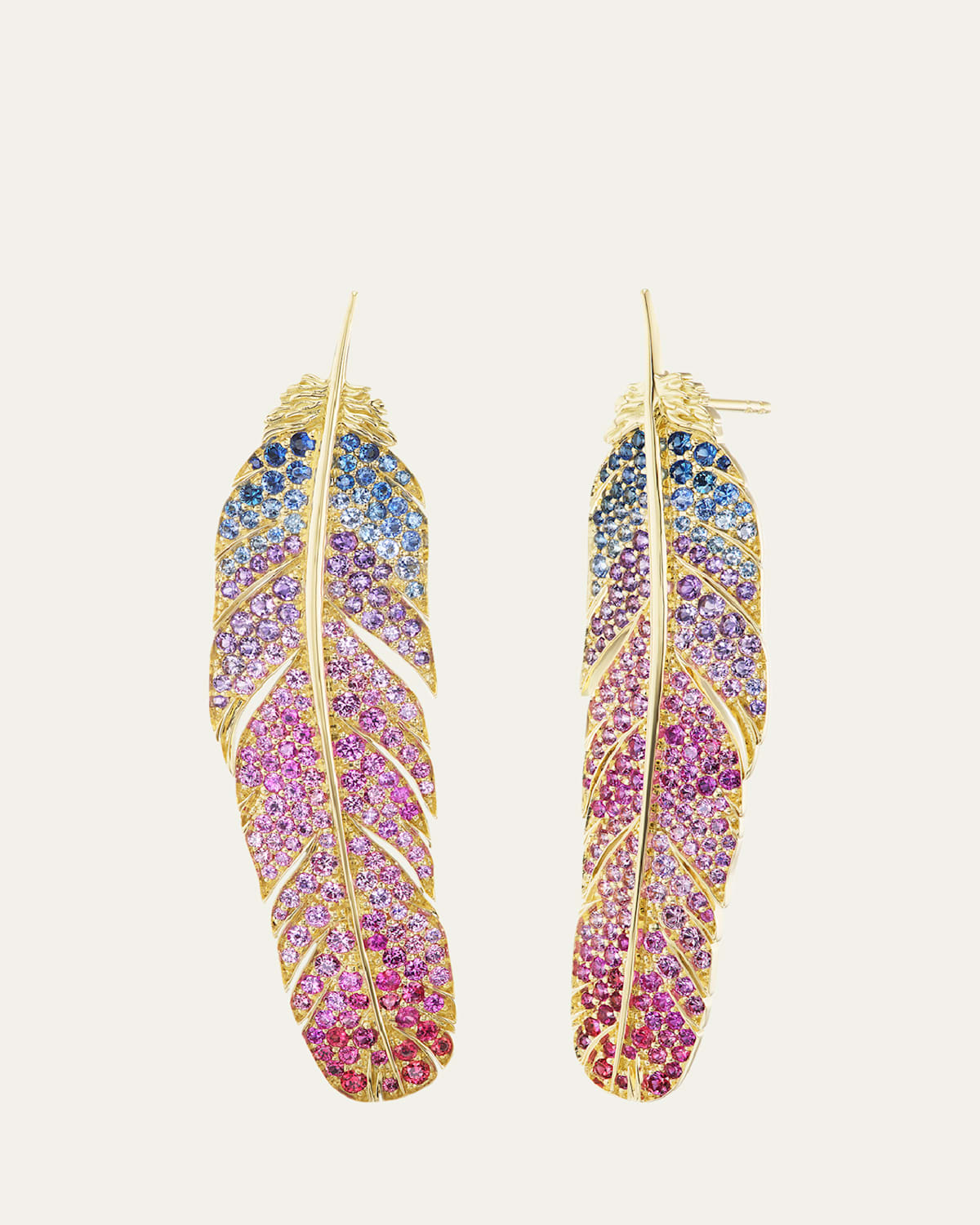 18K Yellow Gold Feather Sapphire and Amethyst Earrings
