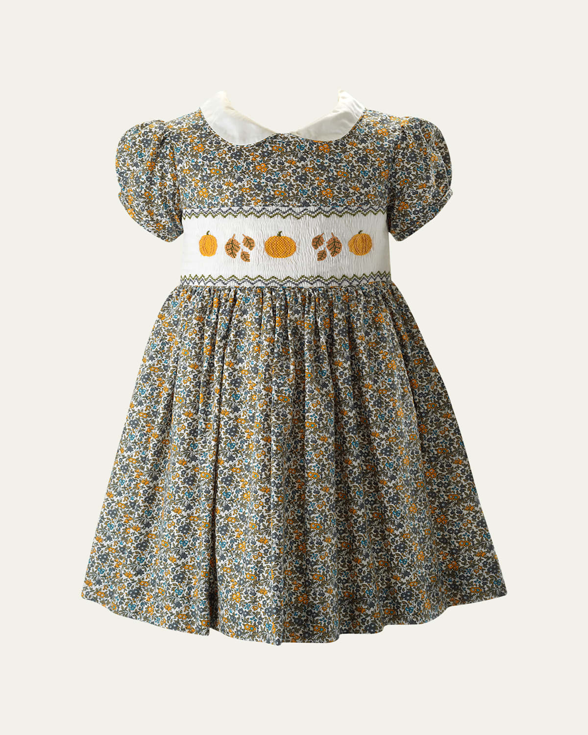 Rachel Riley Girl's Pumpkin Smocked Floral-print Dress In Orange