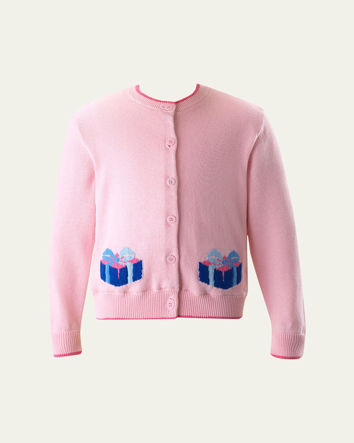 Rachel Riley Girl's Cardigan W/ Double Gift Intarsia In Pink