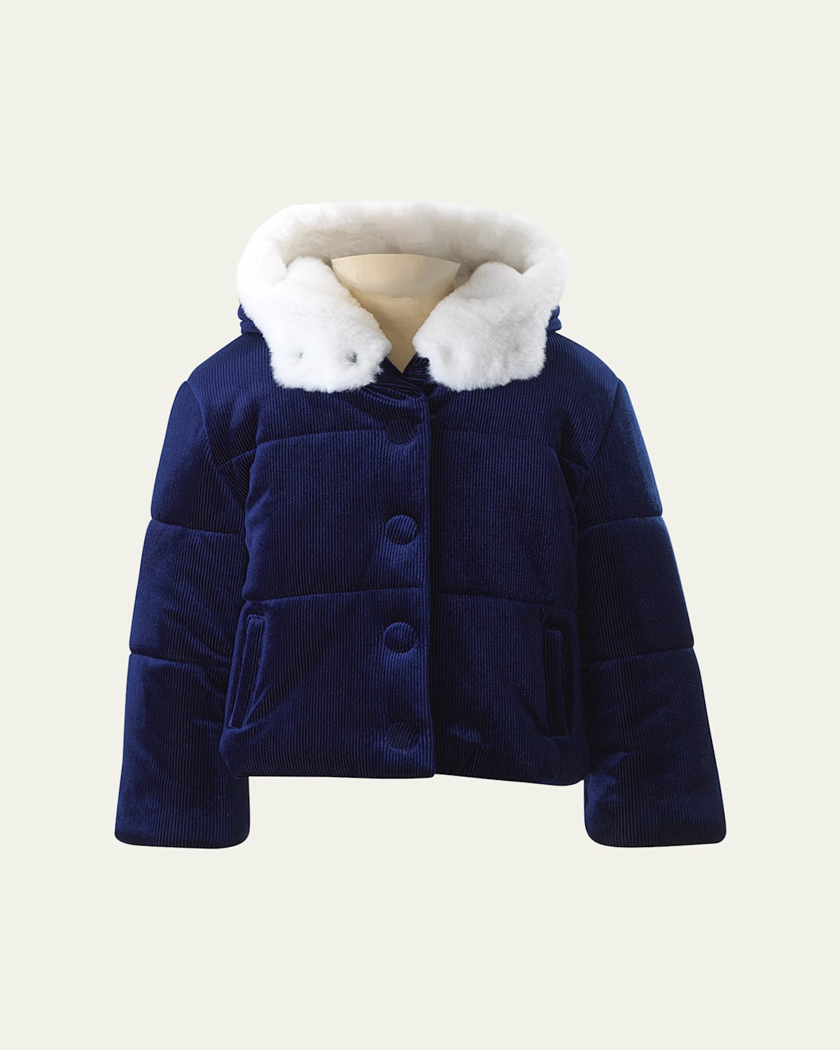 Rachel Riley Girl's Faux Fur Trim Ribbed Hooded Puffer Jacket In Blue