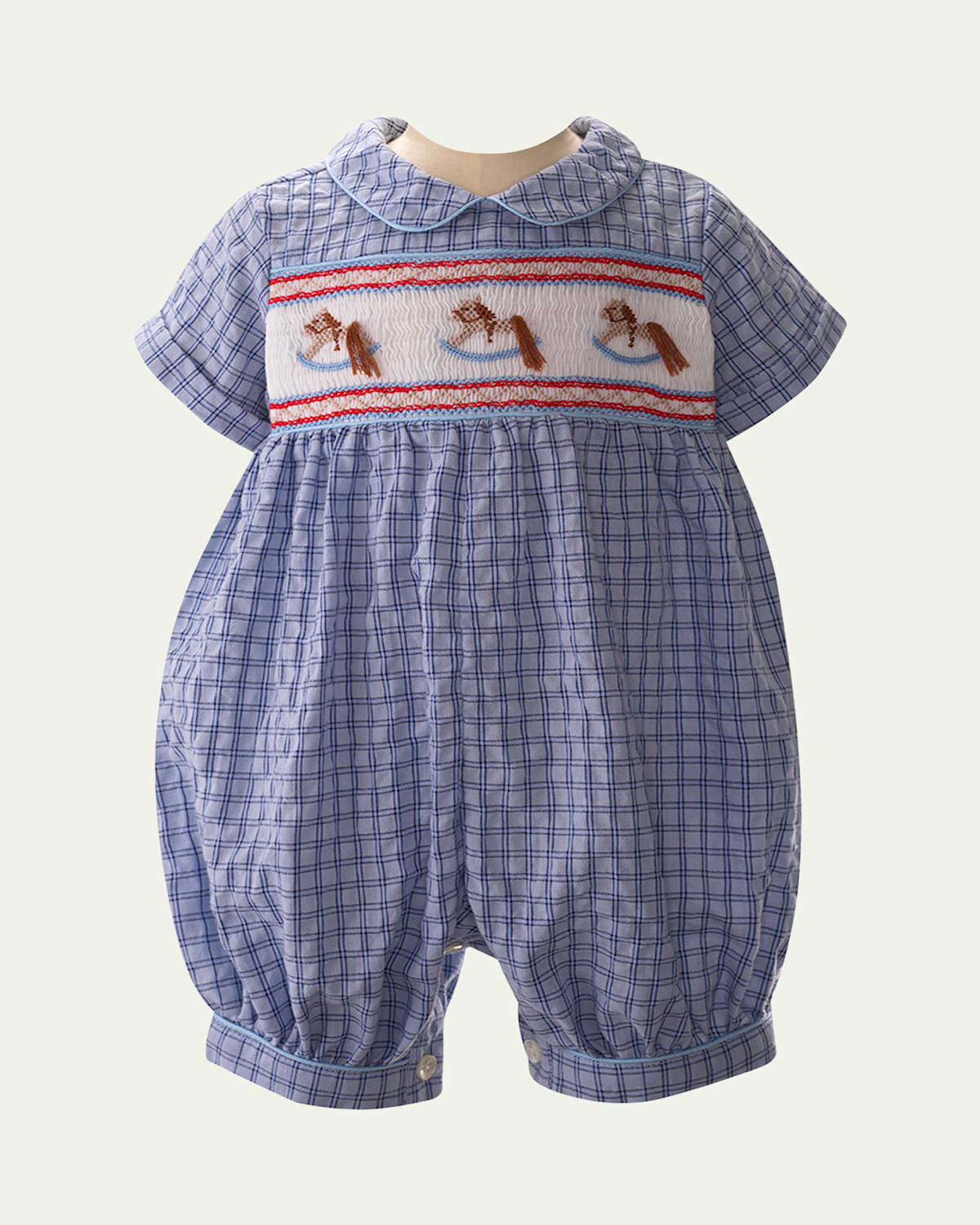 Rachel Riley Boy's Check-print Rocking Horse Smocked Playsuit In Blue