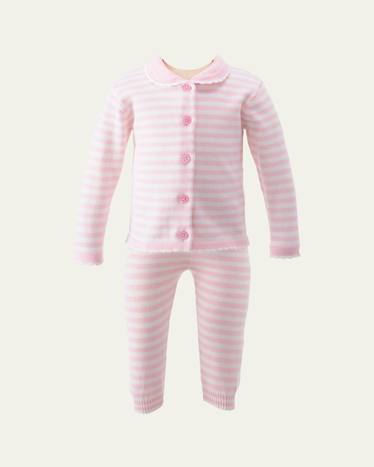 Rachel Riley Girl's Striped Scallop Trim Knit Set In Pink