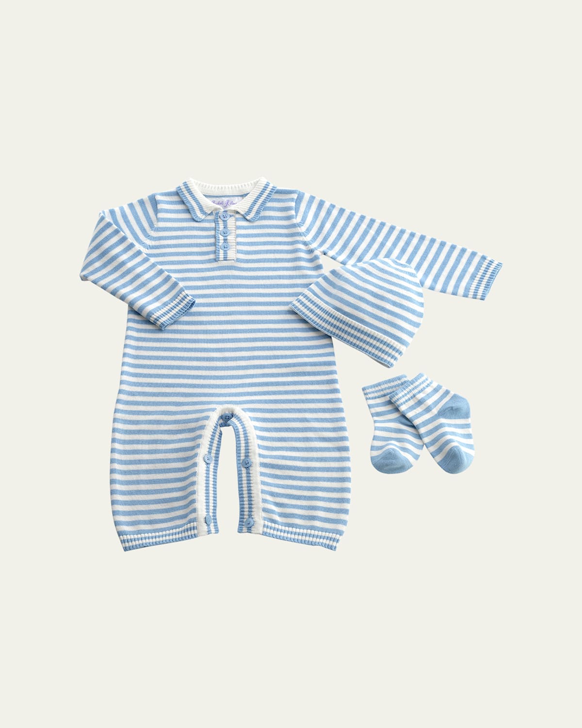 Rachel Riley Boy's Knit Striped 3-piece Playsuit Gift Set In Blue