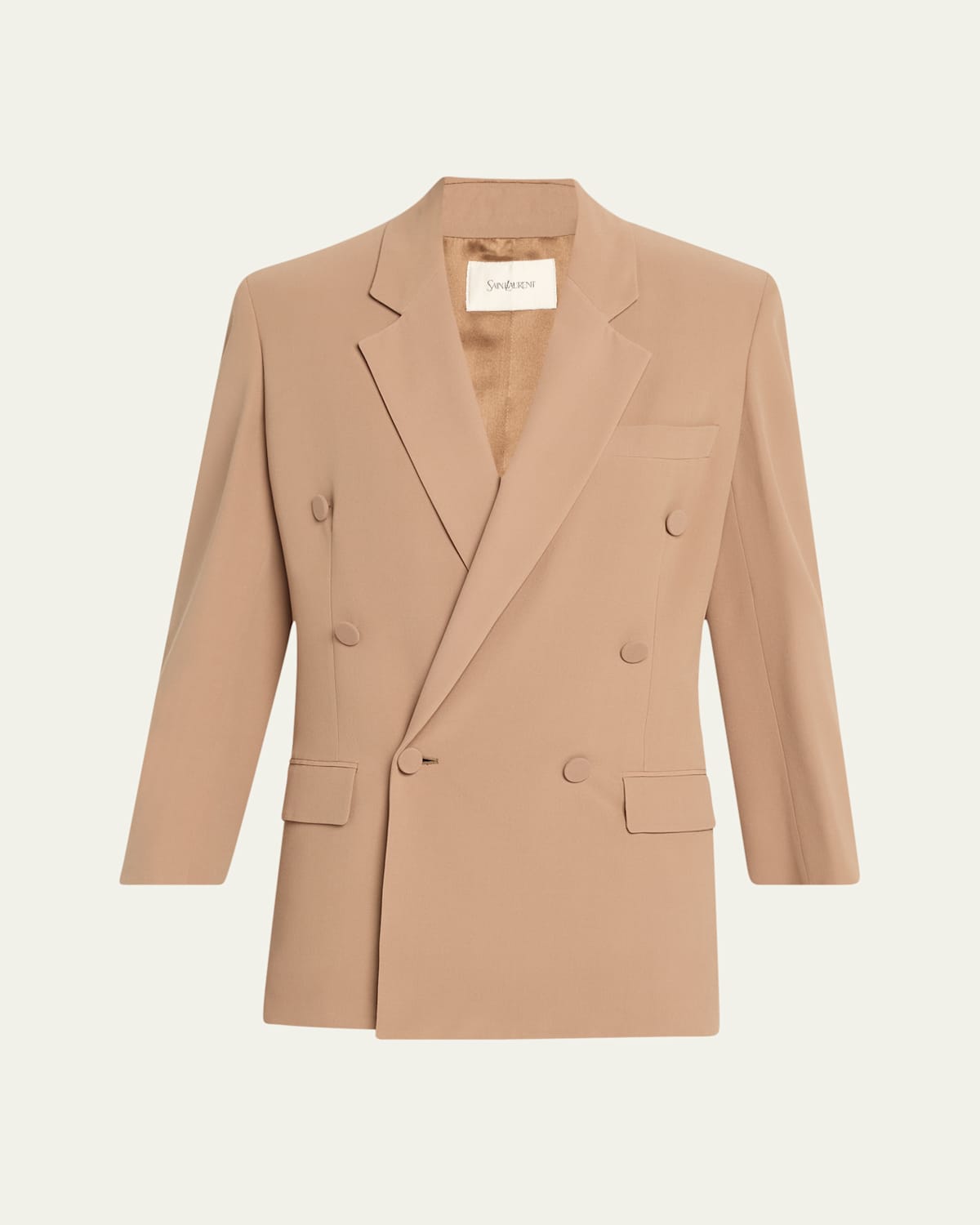 Saint Laurent Double-breasted Silk Wrap Blazer In Coffee Bei