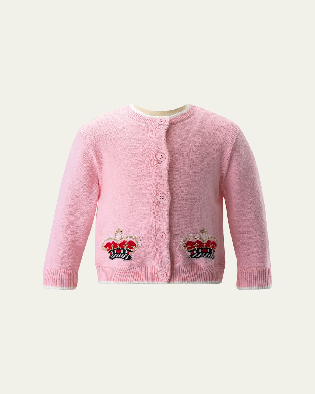 Rachel Riley Girl's Cardigan W/ Double Crown Intarsia In Pink