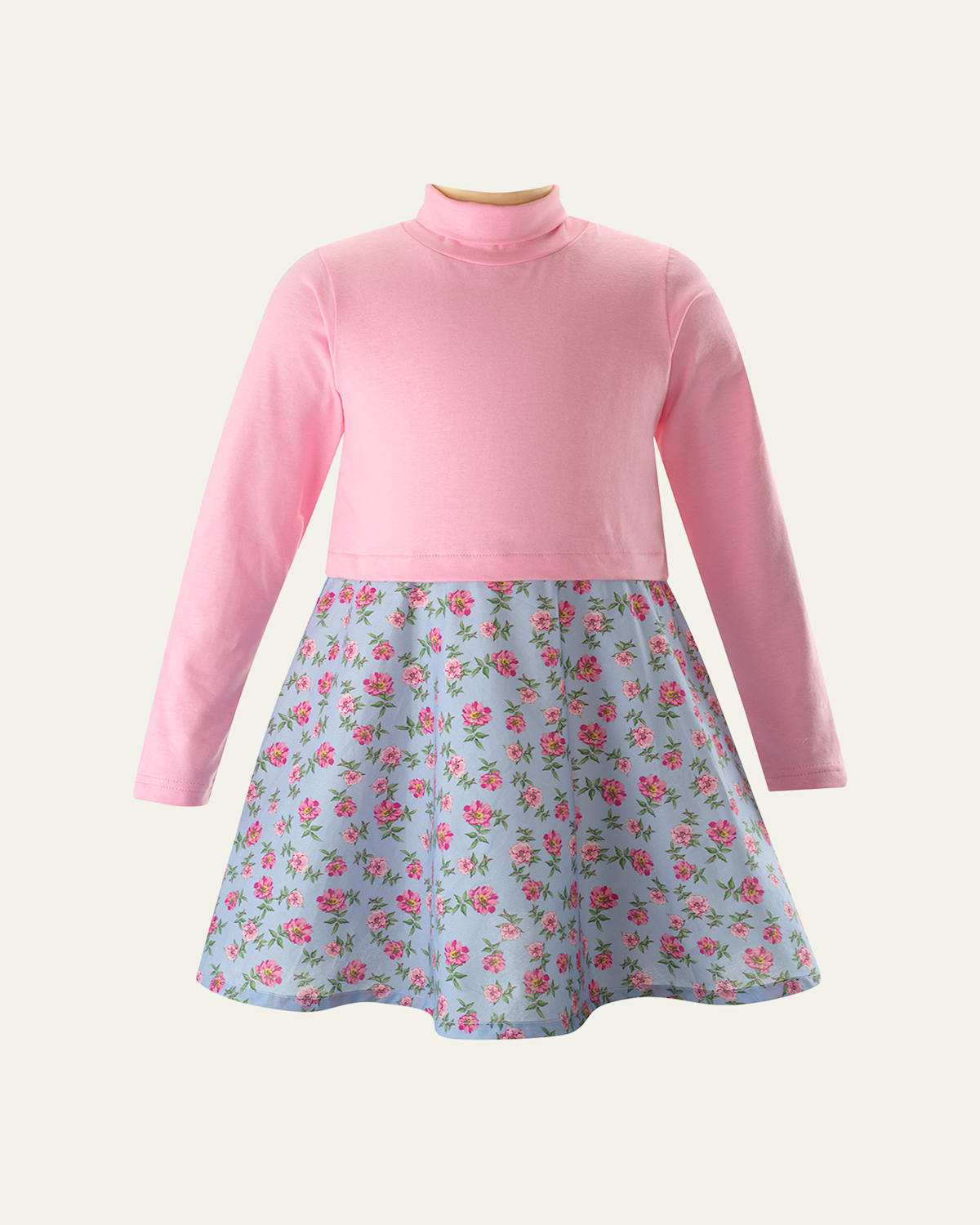 Rachel Riley Girl's Floral-print Jersey Turtle Neck Dress In Pink