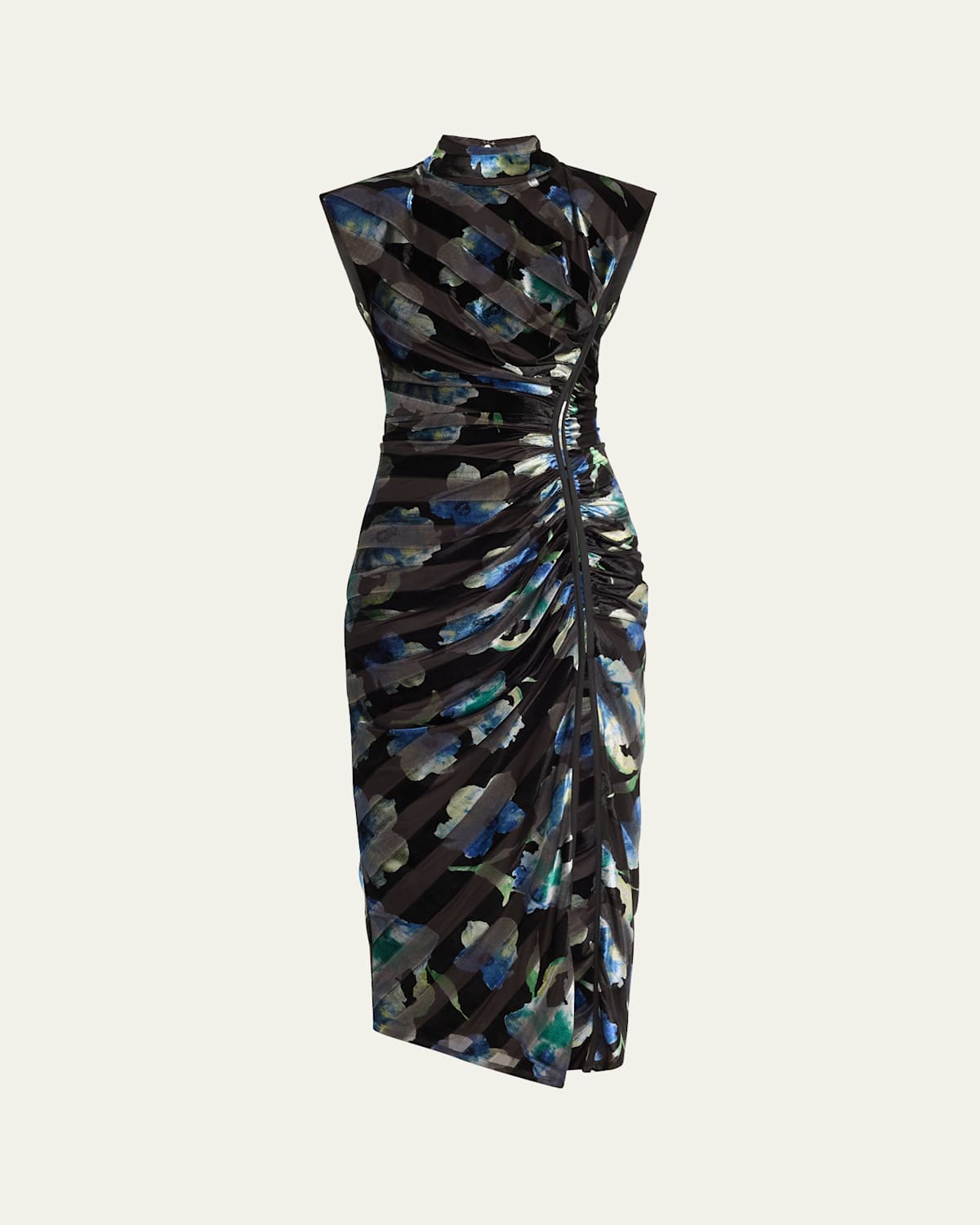Ramy Brook Hallie Metallic Floral Mixed Media Ruched Velvet Dress In Lapis Velvet