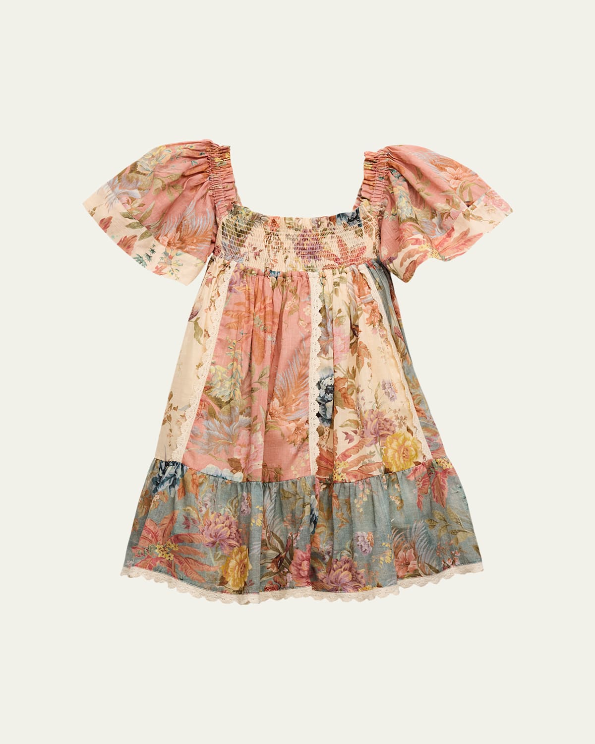 ZIMMERMANN GIRL'S TALLOW SMOCKED FLORAL-PRINT PATCHWORK-PRINT FRILL DRESS 