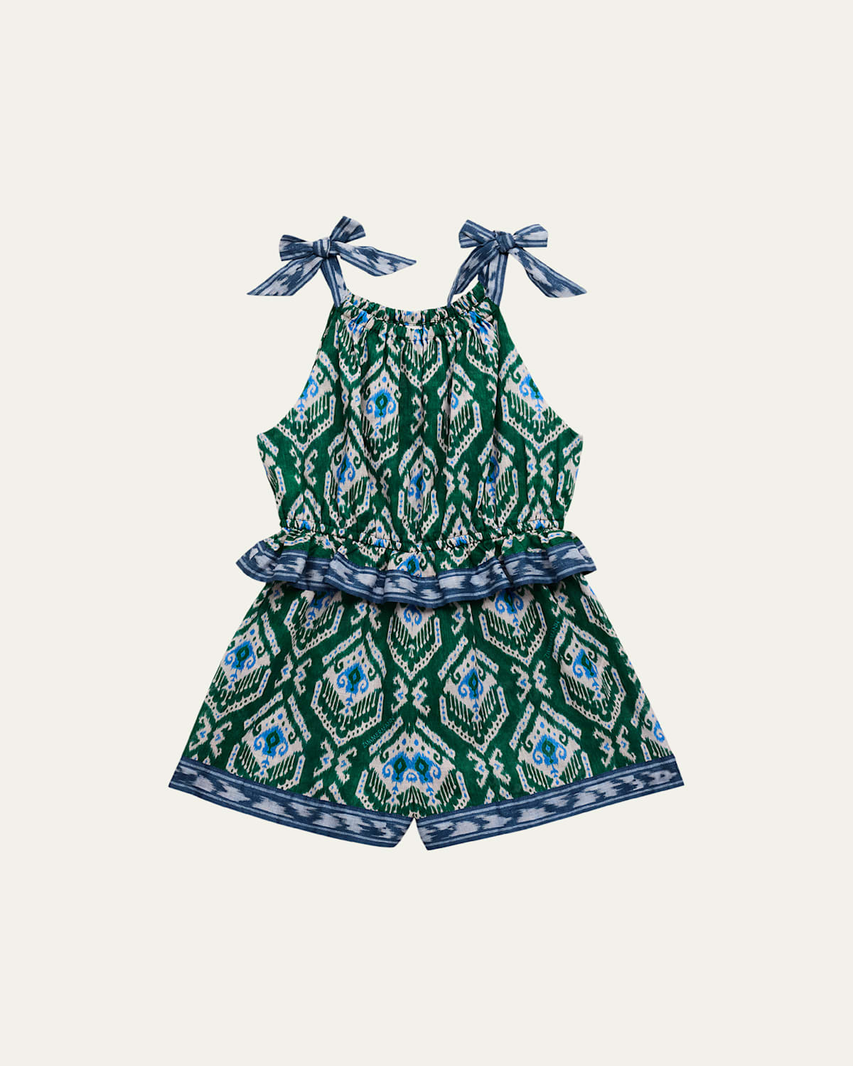 Zimmermann Girl's Wylie Frill Halter Playsuit In Green/blue Ikat