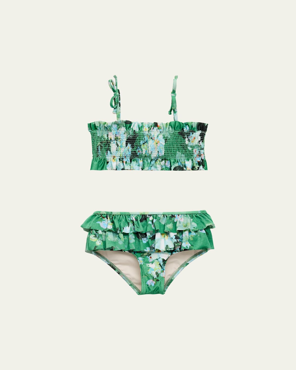 Shop Zimmermann Girl's Everley Shirred Floral-print Frill Bikini In Green Watercolour F