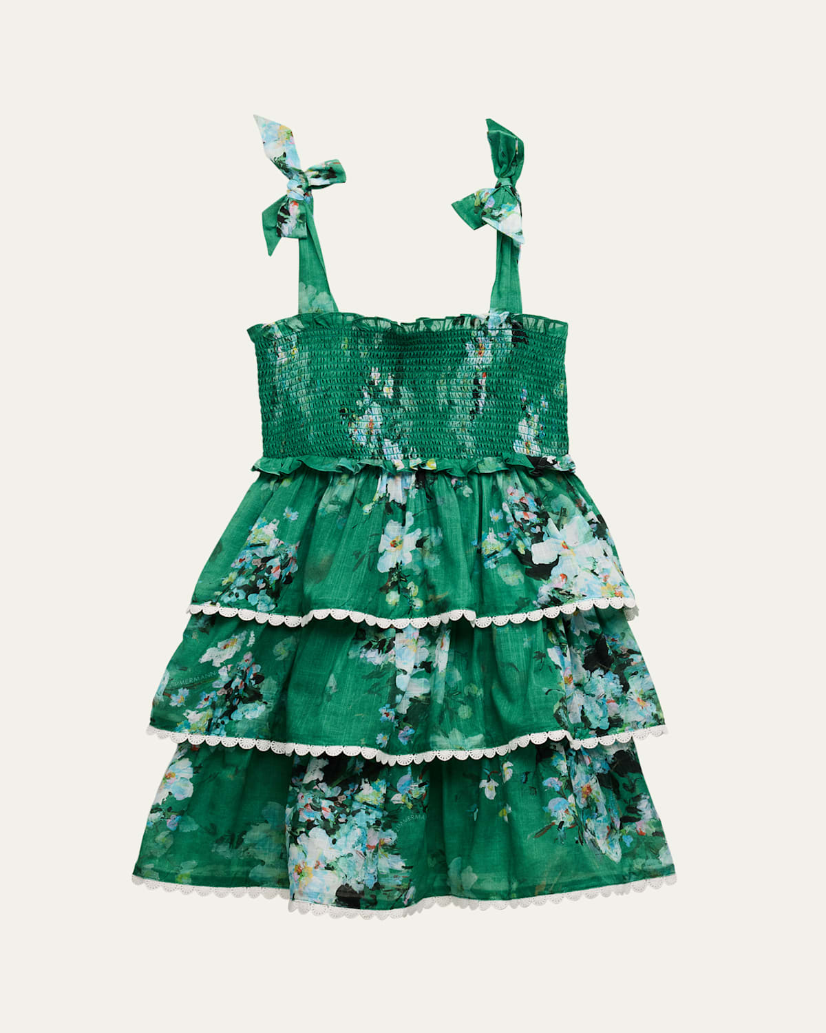 Shop Zimmermann Girl's Everley Floral-print Smocked Dress In Green Watercolour F
