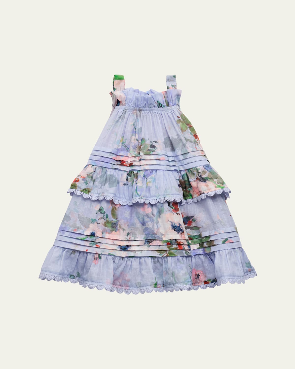 Zimmermann Girl's Everley Tiered Floral-print Top In Light Blue Watercol