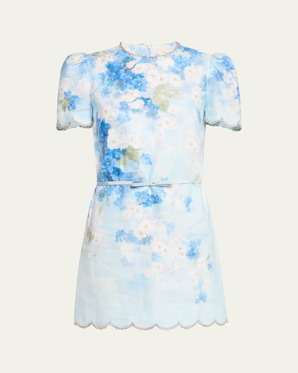 Zimmermann Crush Belted Crystal-embellished Scalloped Floral-print Linen Mini Dress In Blue Floral