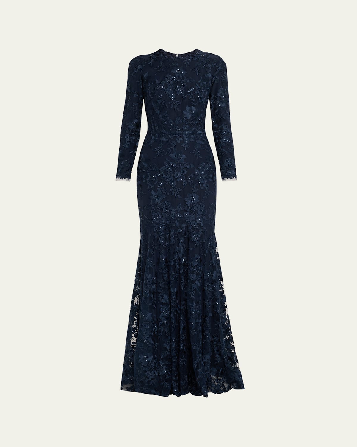 Floral Embroidered Tulle Long Sleeve Gown