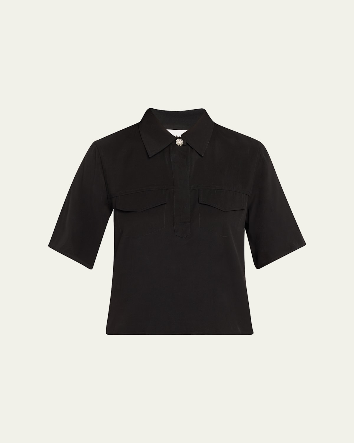 Ganni Short-sleeved Twill Blouse For In Black
